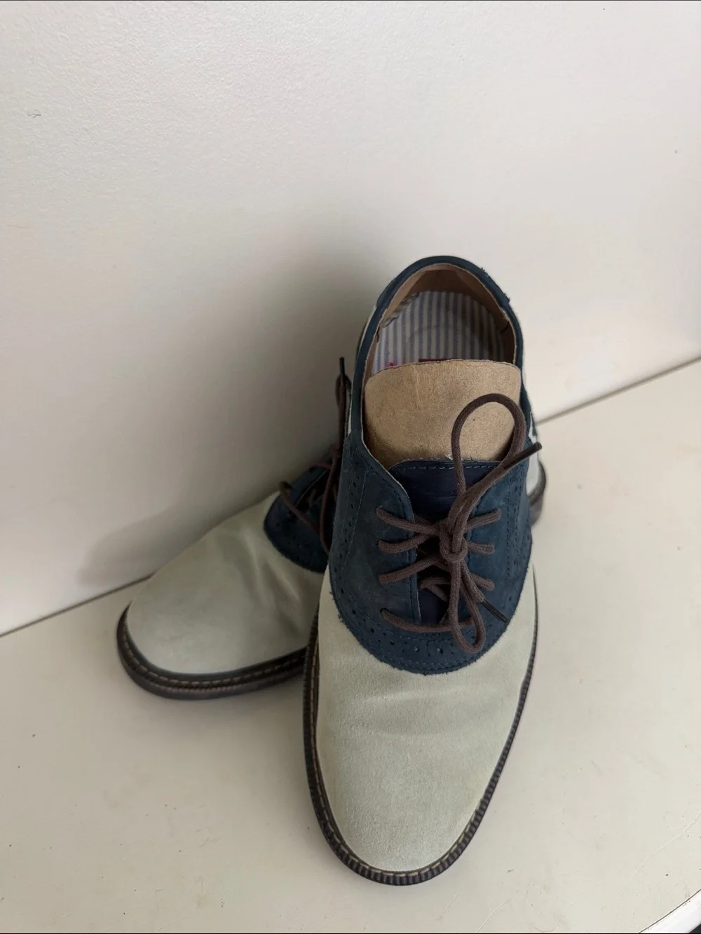 (2046) Men's Two-Tone Suede & Leather Oxford Shoes - Navy and Cream, Size: 8.5